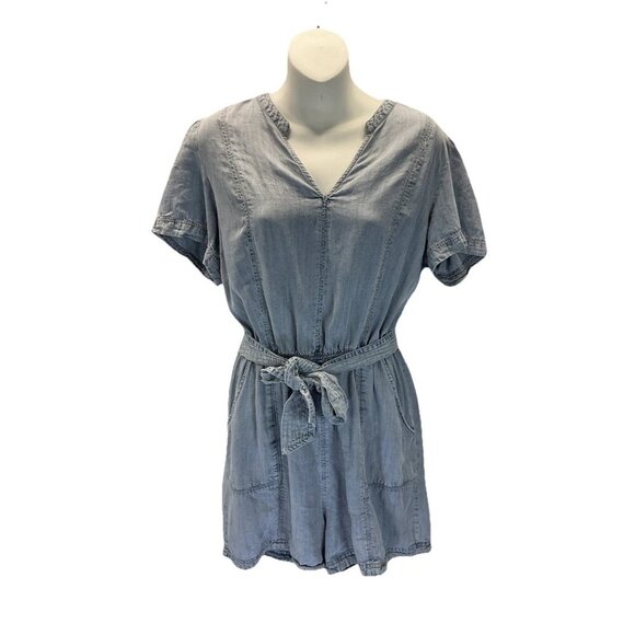 Evereve Chambray Denim short Romper jumpsuit Size L Western Boho v-neck lyocell - Picture 1 of 13